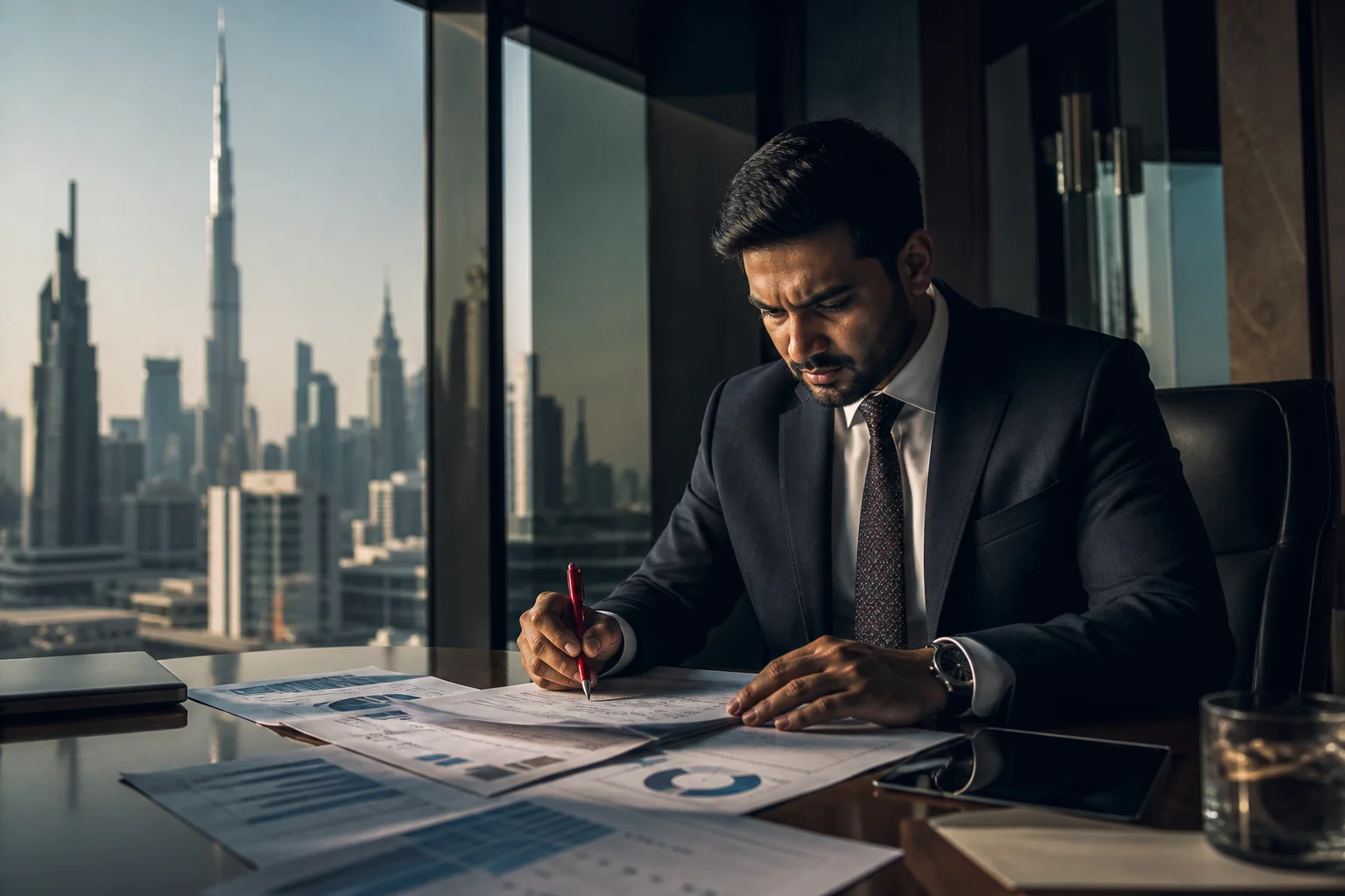 Payroll and HR outsourcing UAE — professional reviewing payroll reports in Dubai office