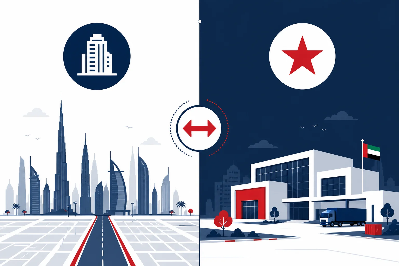 Visual comparison of Dubai mainland company versus UAE free zone company structures for business formation