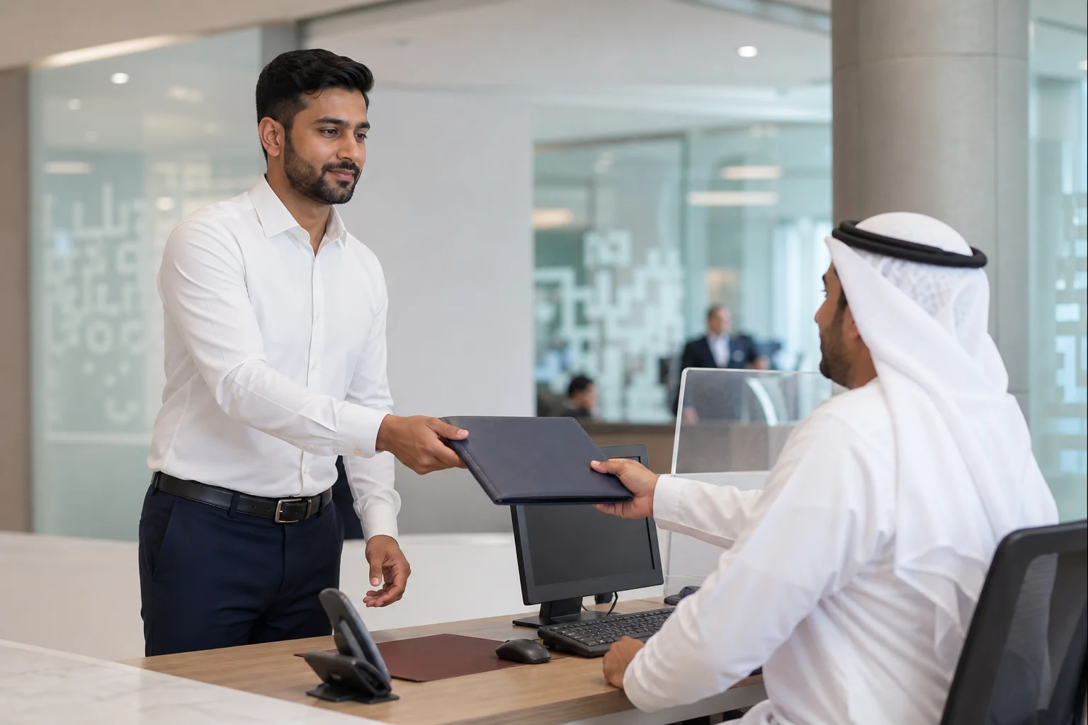 UAE PRO advisor at a Dubai government services counter submitting corporate documents