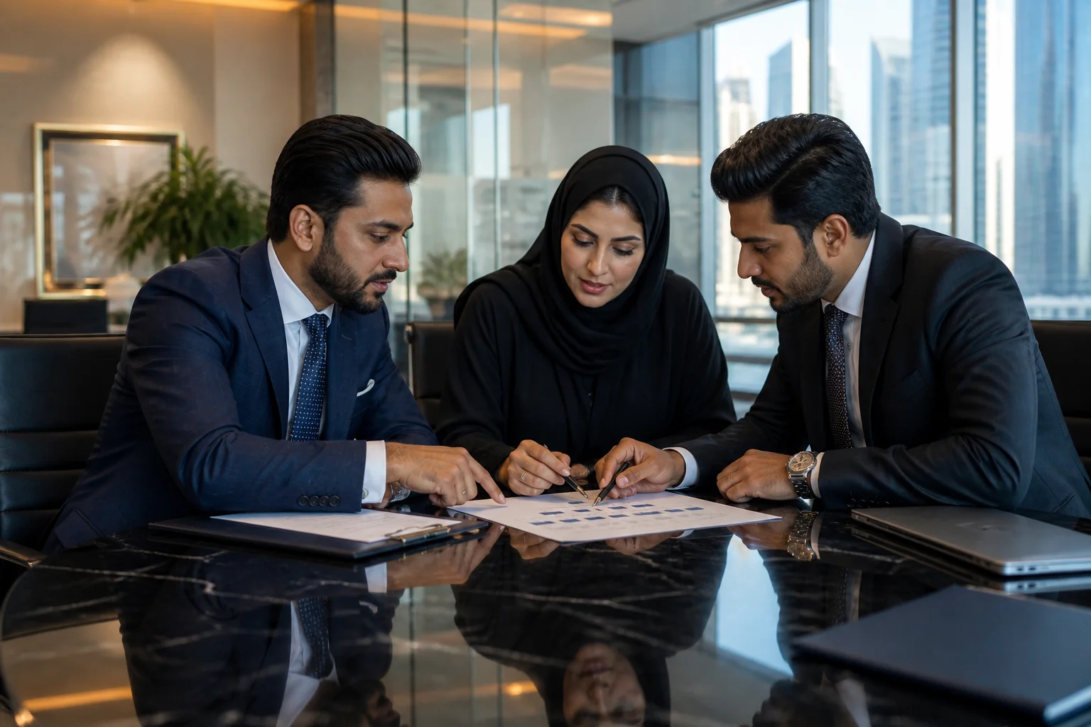Corporate structuring review meeting in a Dubai financial district boardroom