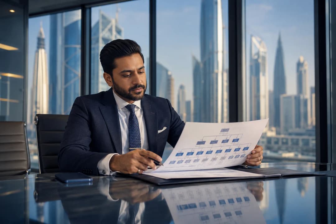 Jashvantkumar Prajapati reviewing a corporate group structure chart in a DIFC Dubai boardroom