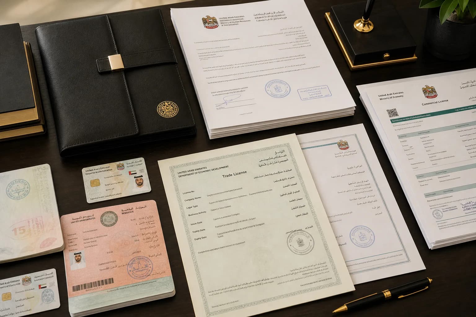UAE government documents including Emirates ID, trade licences, and official stamps arranged on a desk in Dubai