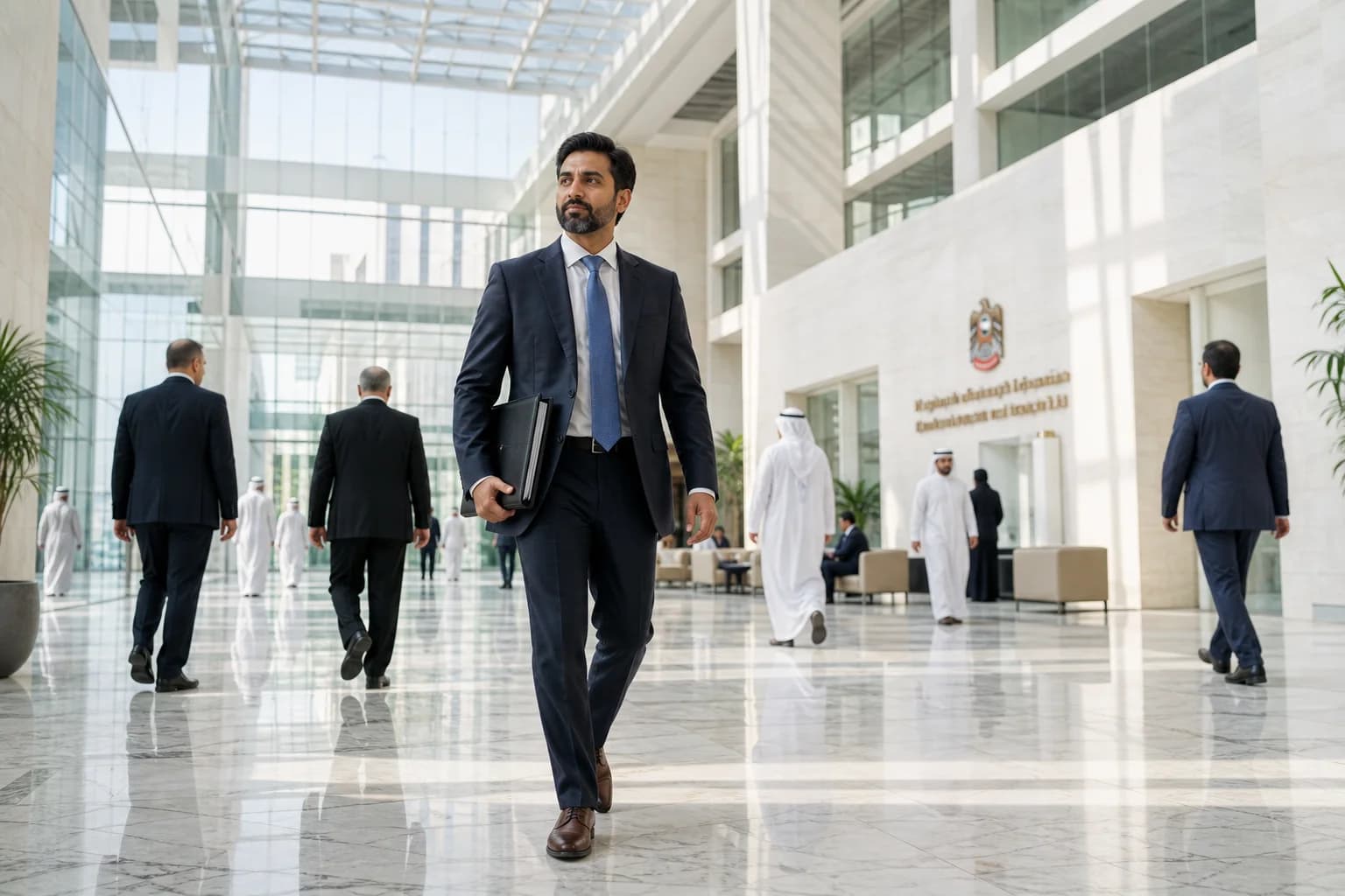 PRO professional walking purposefully through a UAE government ministry building