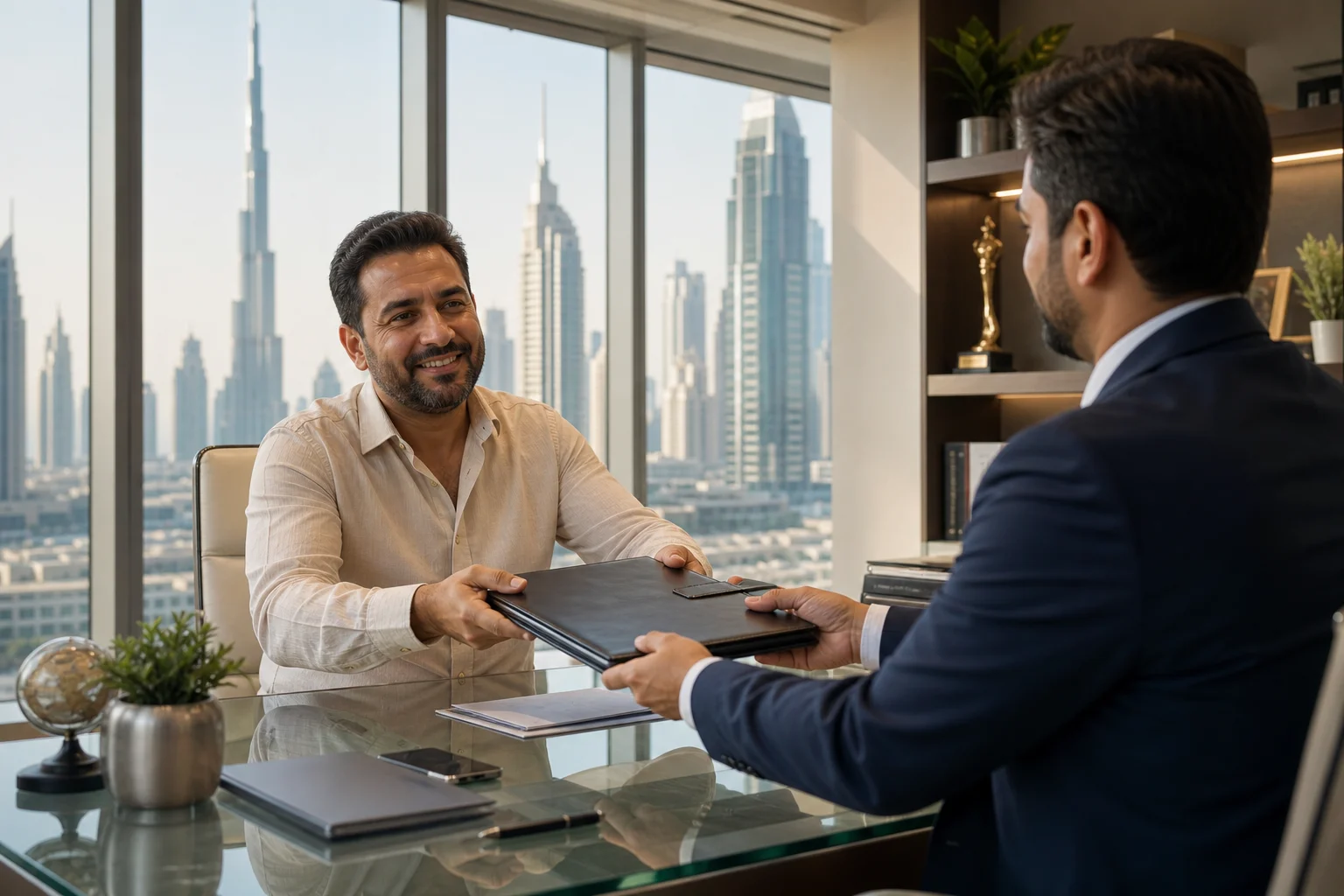 Business owner receiving completed UAE government documents from a professional advisor in a Dubai office with city skyline