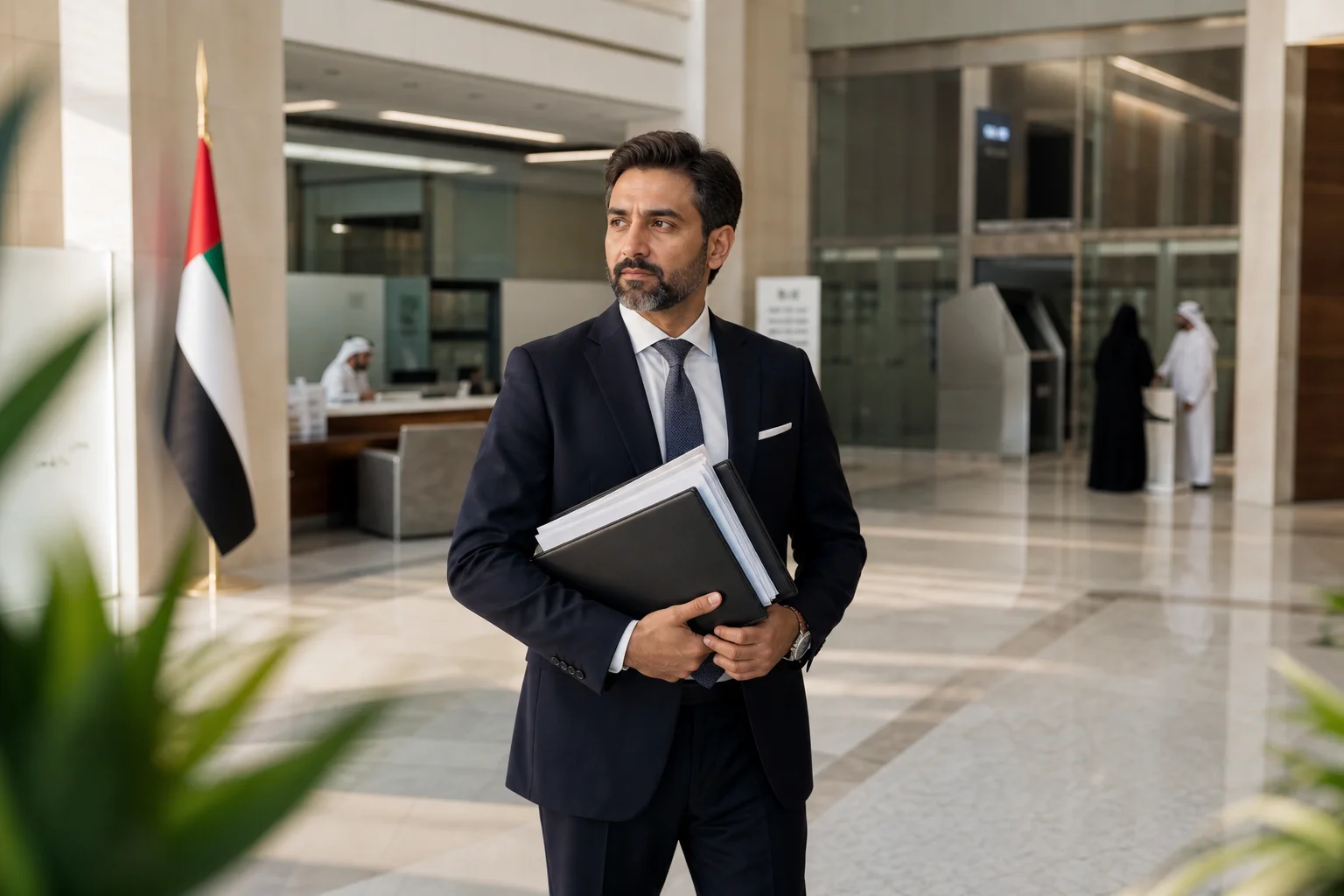 Government PRO consultant holding official documents at a Dubai government services centre