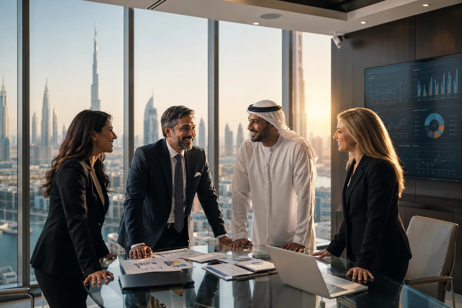 UAE senior leadership team reviewing management audit outcomes in a Dubai boardroom