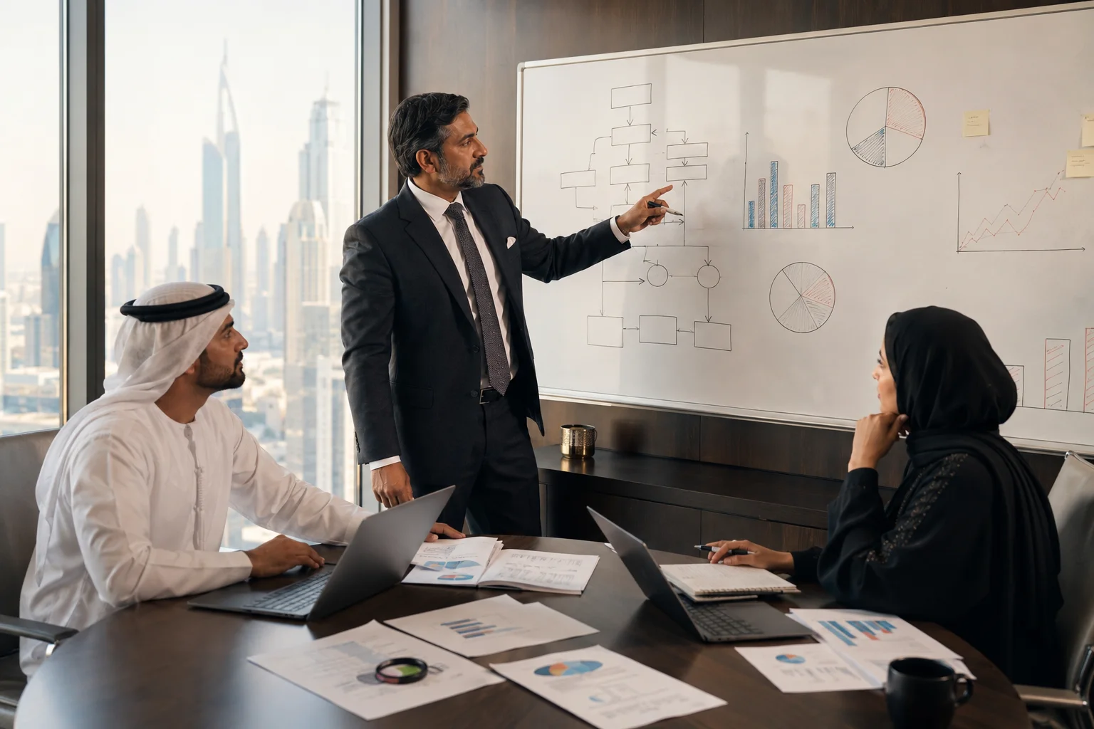 Management audit workshop session in a UAE corporate office with consultant and management team
