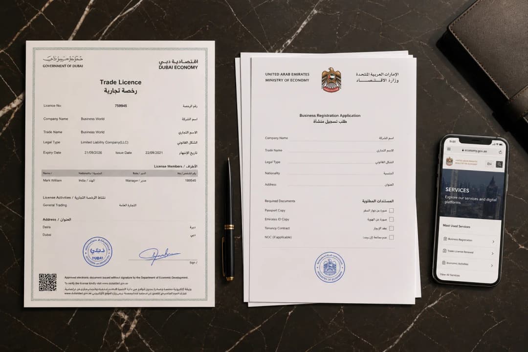 UAE trade licence renewal documents flat lay with Ministry stamps