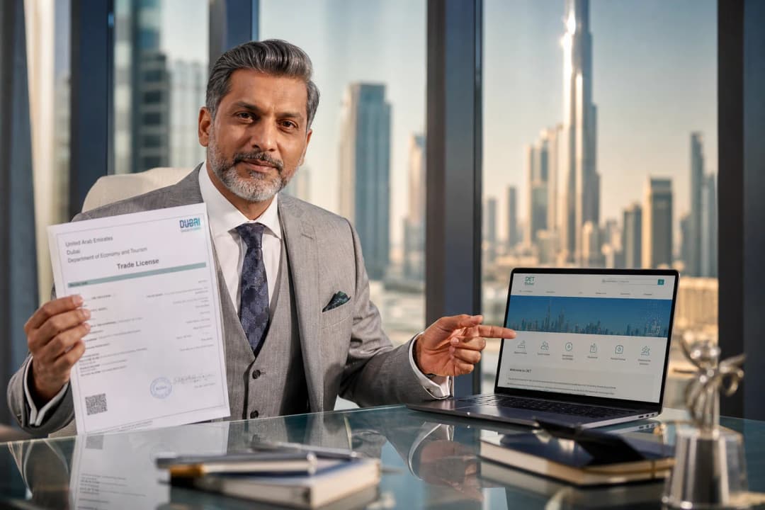 Trade licence renewal Dubai — business adviser with official UAE licence document