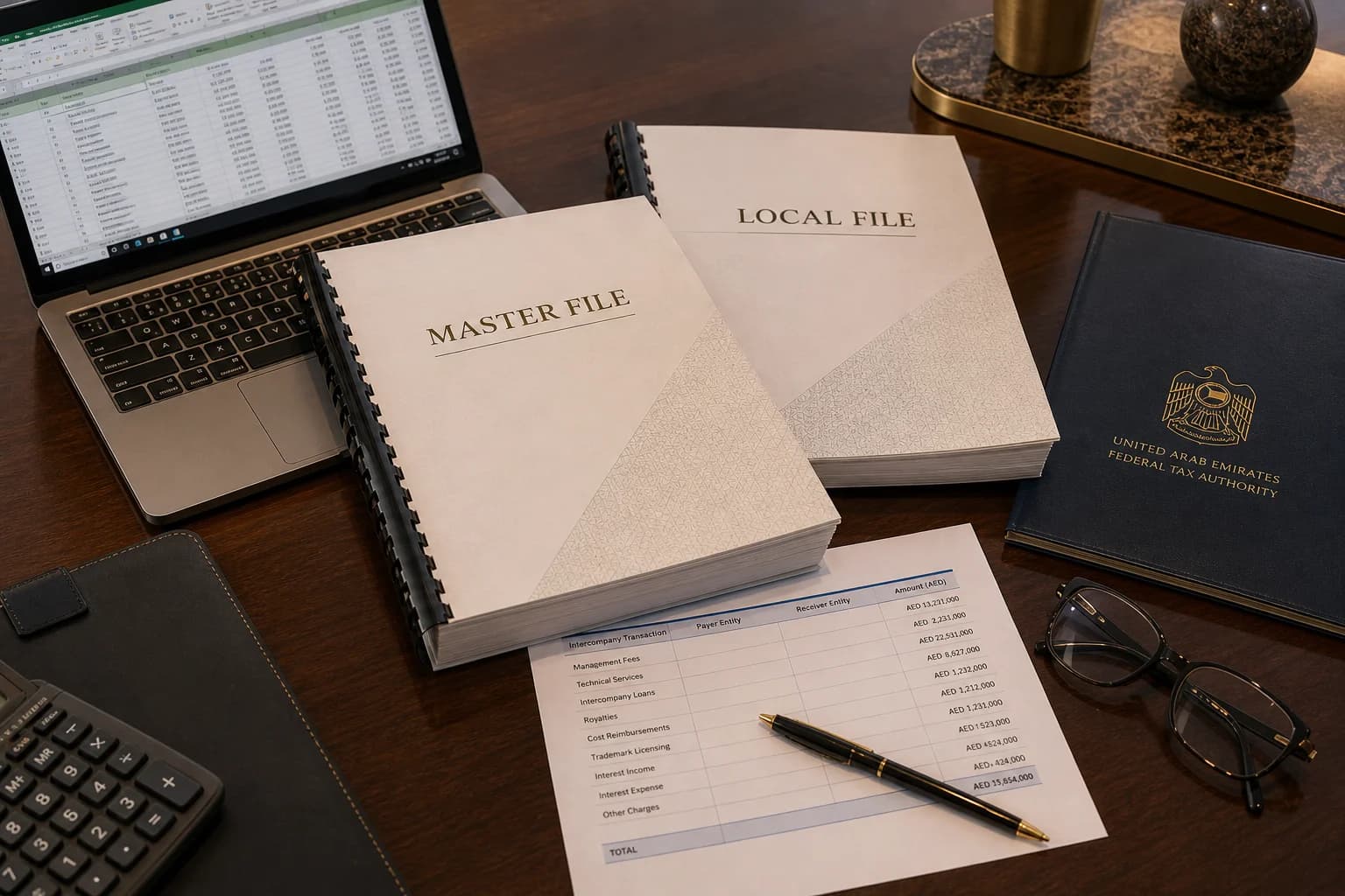 UAE transfer pricing Master File documentation on office desk in Dubai — binder with group TP policy