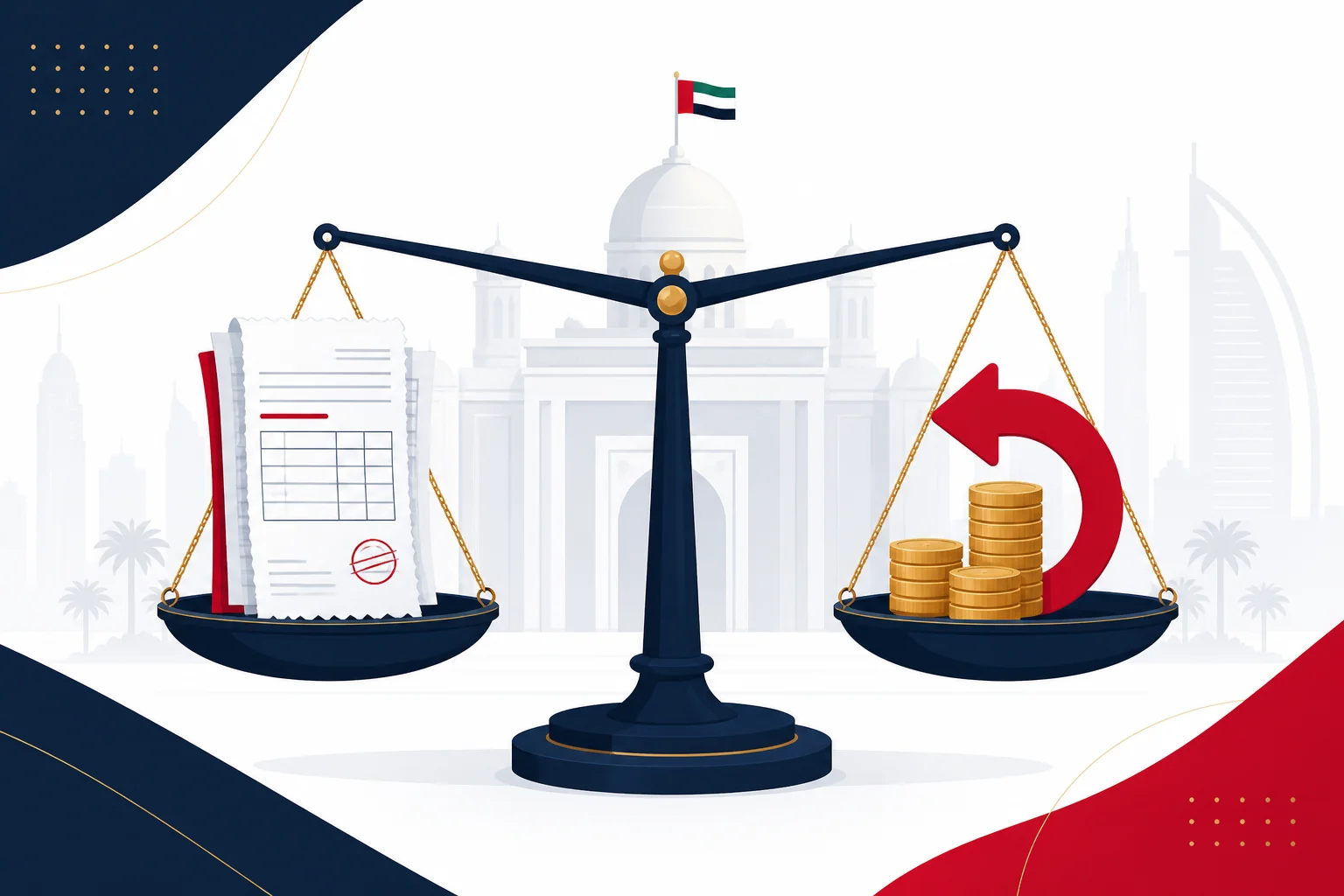 Illustration of UAE input VAT recovery balance — expense invoices on one side, recovered input tax on the other