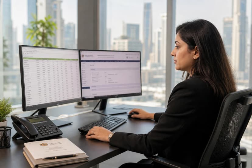 HR manager reviewing WPS compliance data on dual monitors in Dubai office