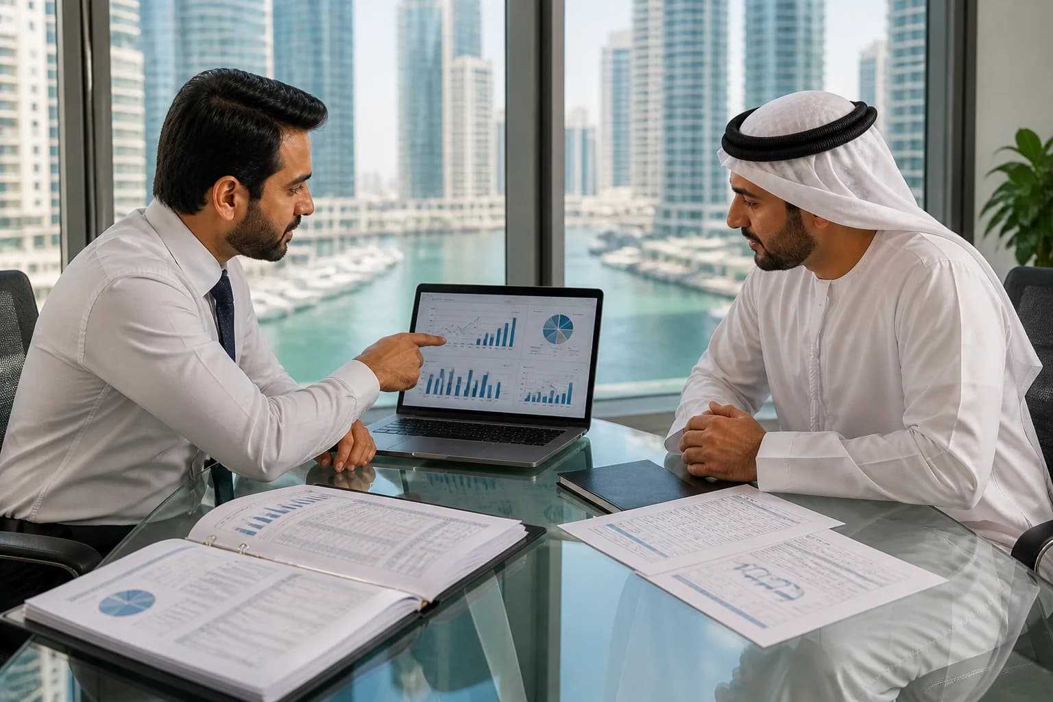 Financial advisor and business owner reviewing UAE audit findings together in a Dubai office