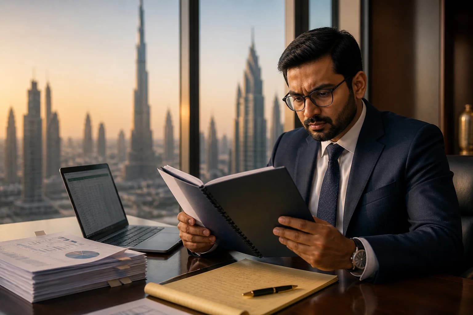 Chartered accountant reviewing UAE statutory audit report in a Dubai high-rise office
