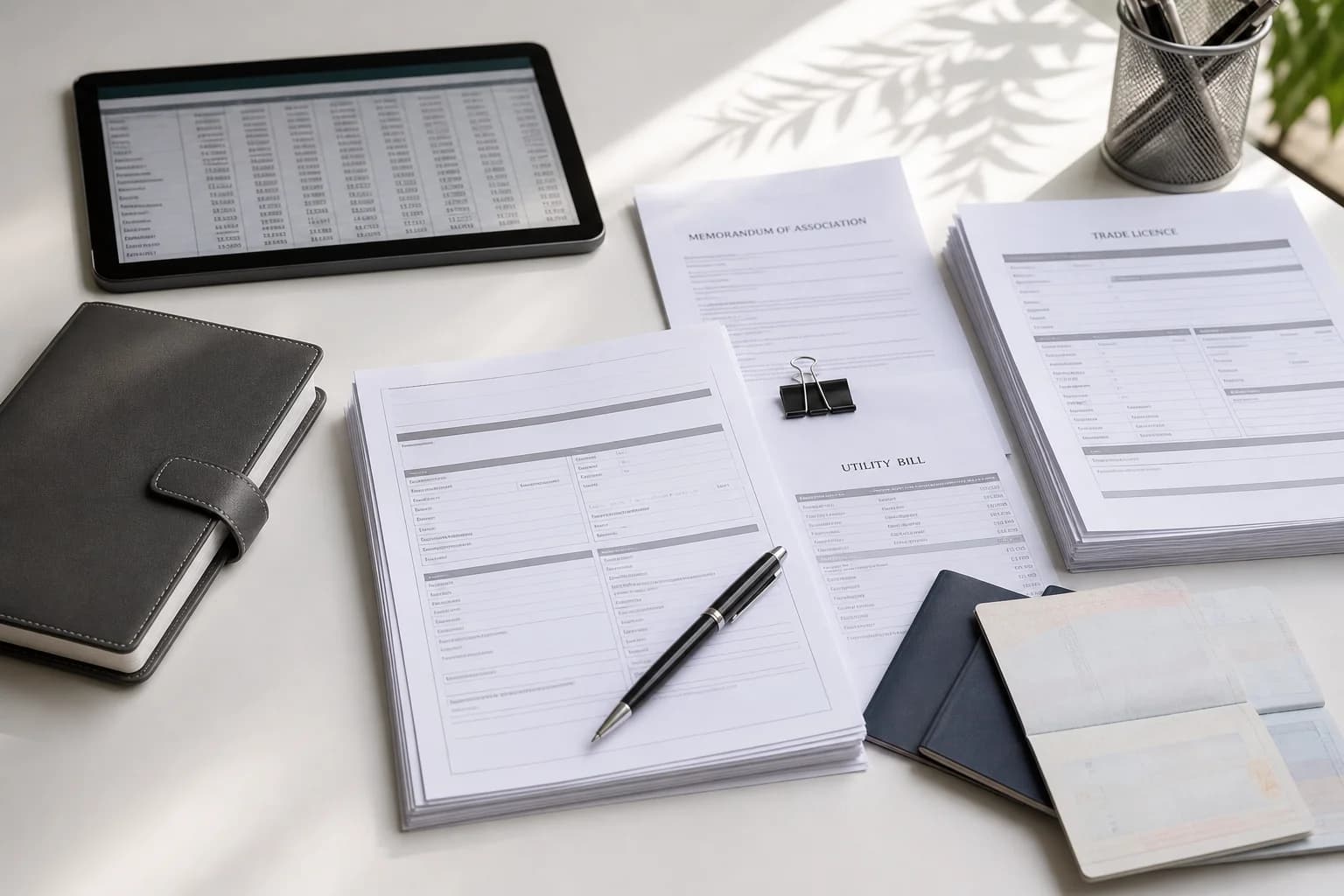 UAE corporate bank account documents — trade licence, MOA, UBO declaration and source of funds paperwork laid out in a Dubai office