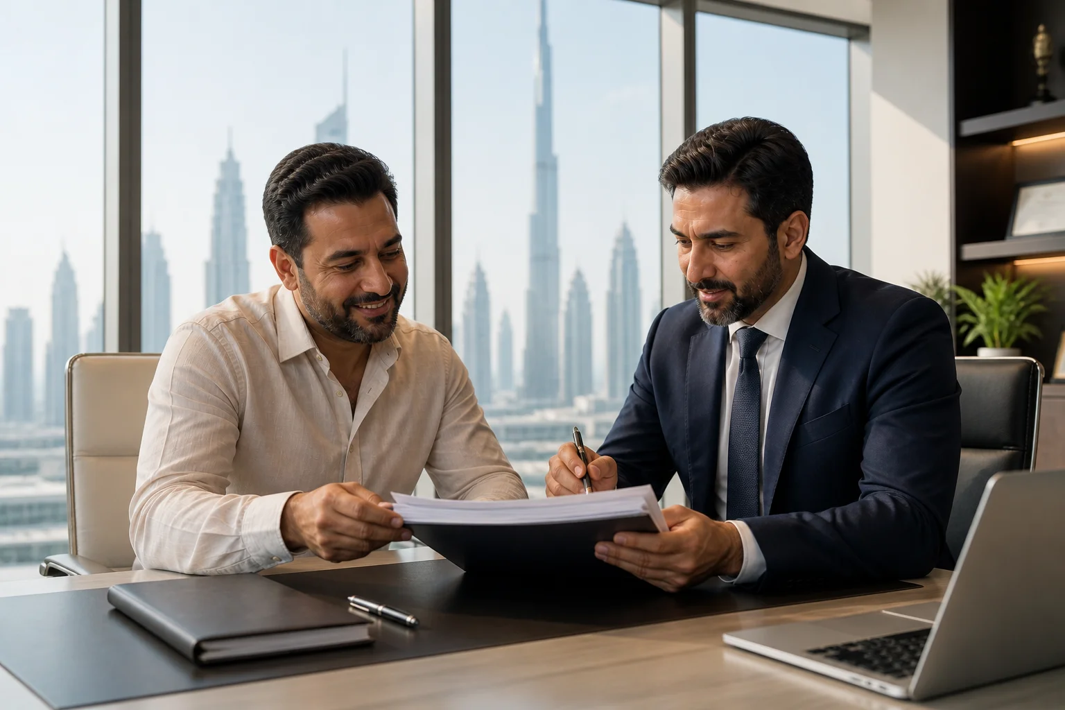 Business owner and advisor reviewing a completed company resolution or amended MOA in a bright Dubai office
