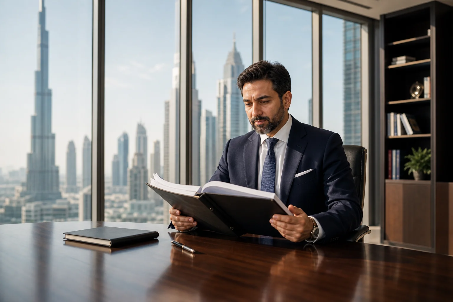 Corporate advisor reviewing a company memorandum of association in a high-floor Dubai boardroom