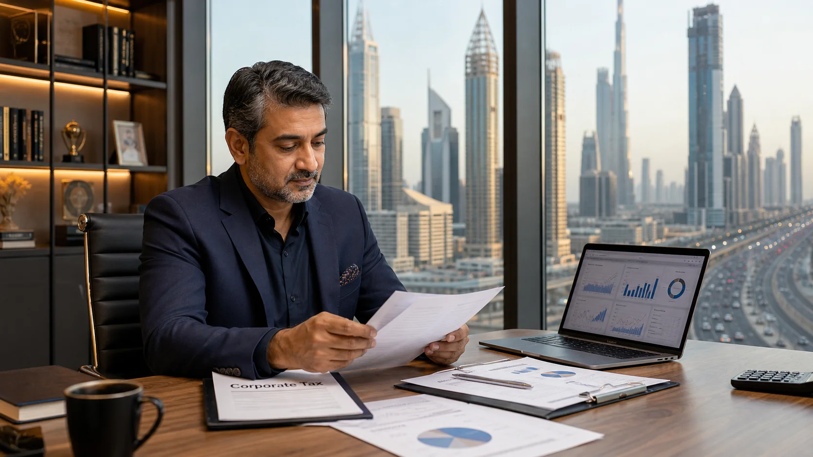 Jashvantkumar Prajapati reviewing UAE corporate tax documents at a Dubai office desk