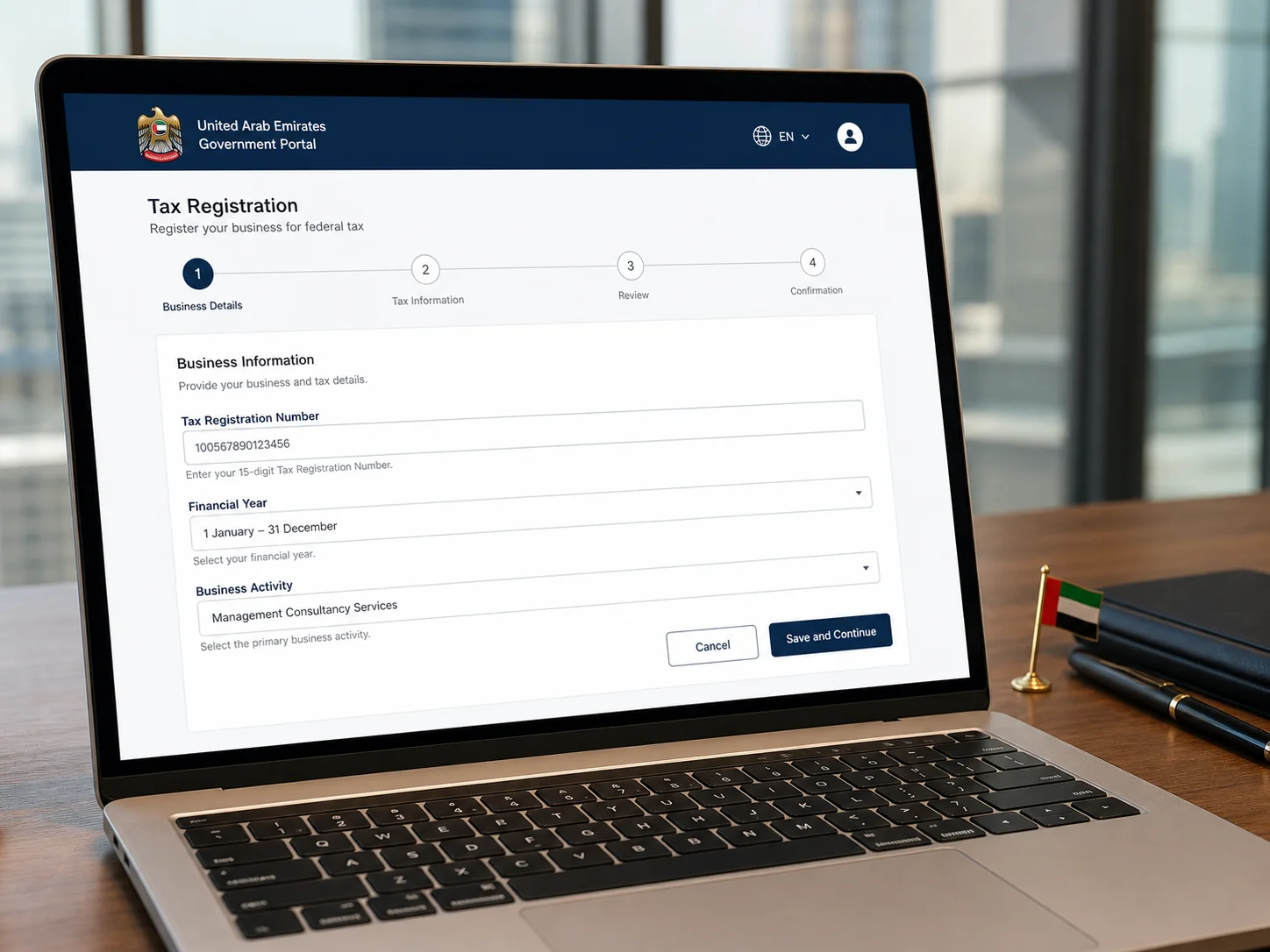 UAE FTA EmaraTax portal on laptop showing corporate tax registration steps for a UAE business