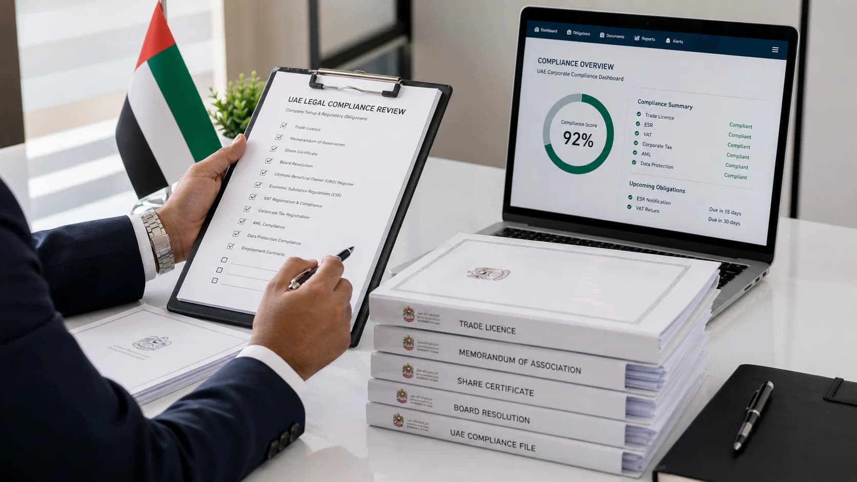 UAE legal compliance document review with corporate registration records and checklist