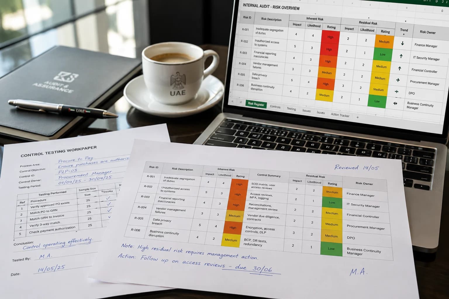 Internal audit findings review — risk matrix and control testing workpapers