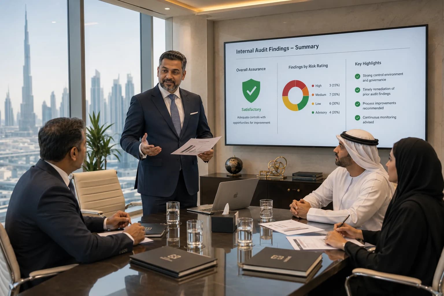 Business owner presenting internal audit findings to board in Dubai boardroom