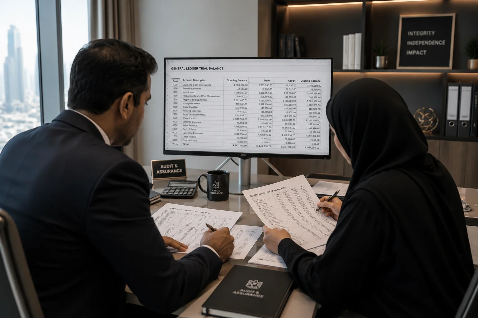 Audit team reviewing trial balance and financial records in UAE office
