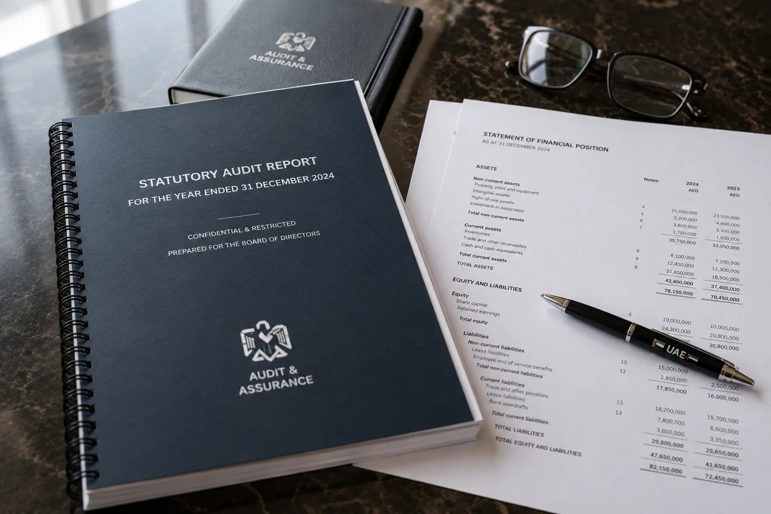 Statutory audit report and financial statements on boardroom table in Dubai