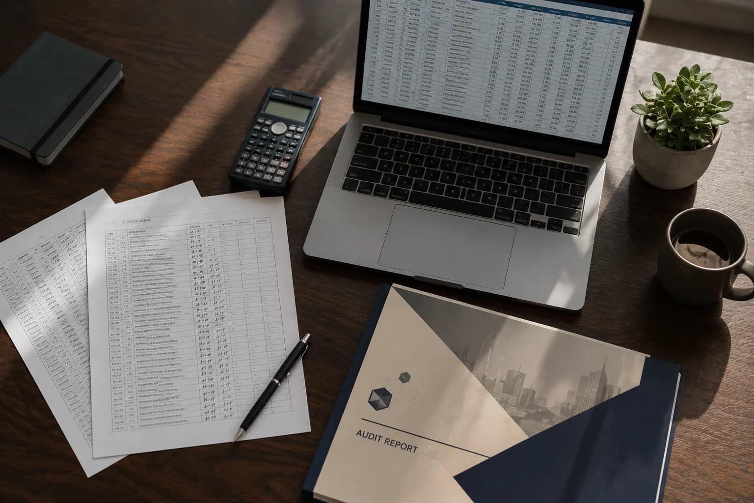 Stock count sheets and inventory report on a UAE audit workspace