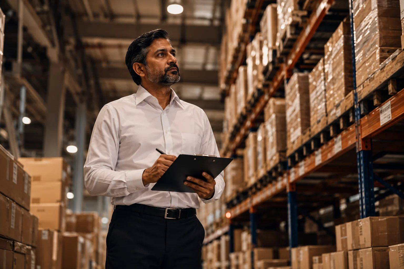 Stock auditor conducting physical inventory count inside a UAE warehouse