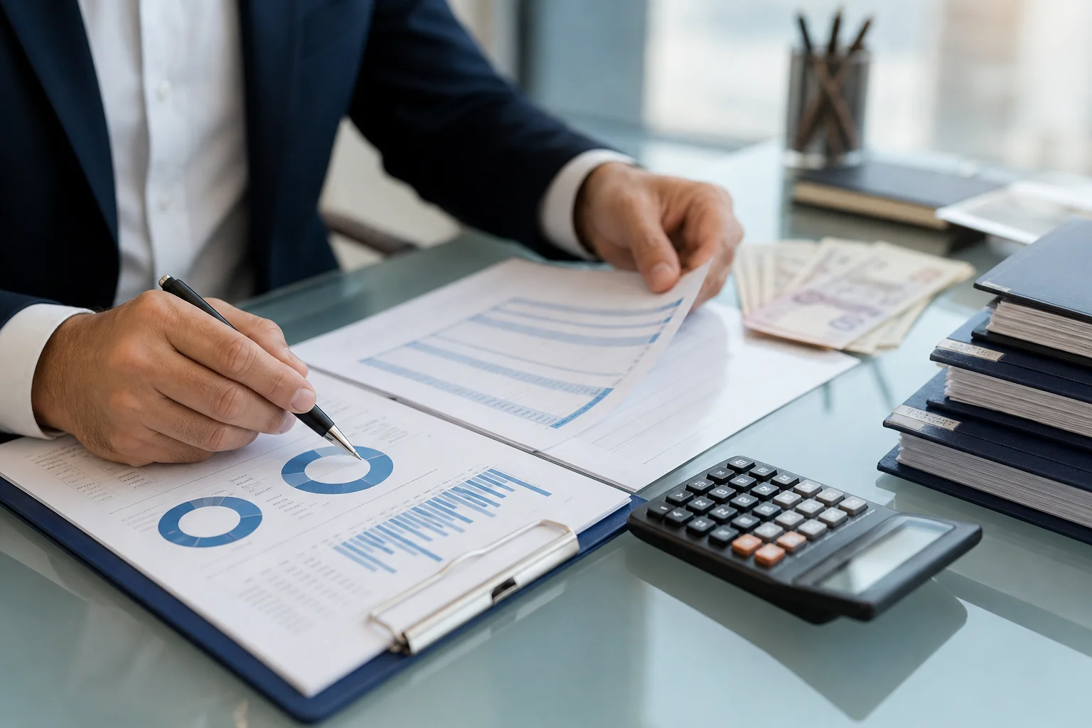 Professional reviewing UAE quarterly VAT return filing documents and financial statements at a glass desk